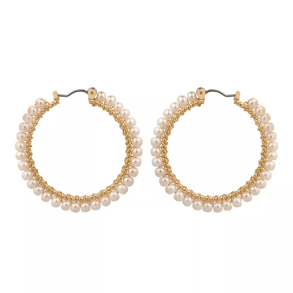 DRAPER JAMES RSVP⢠Gold Tone Simulated Pearl Large Nickel Free Hoop Earrings