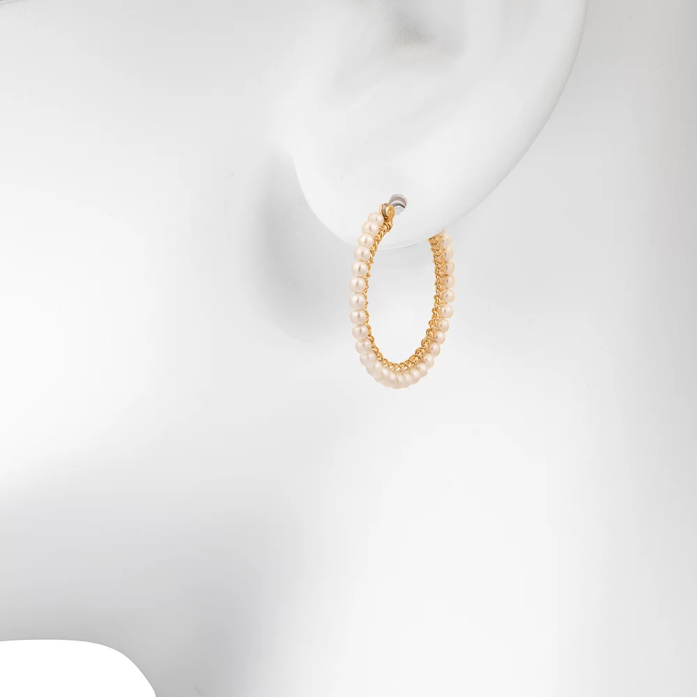 DRAPER JAMES RSVP⢠Gold Tone Simulated Pearl Large Nickel Free Hoop Earrings - Image 2